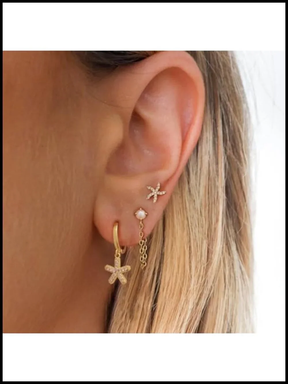 14K Gold Plated Earring Stack Set Starfish Dangle Pearl Huggie Hoop Women